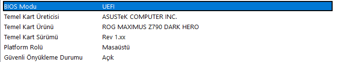 msinfo32 ekranında BIOS Modu UEFI ve Güvenli Önyükleme Durumu Açık