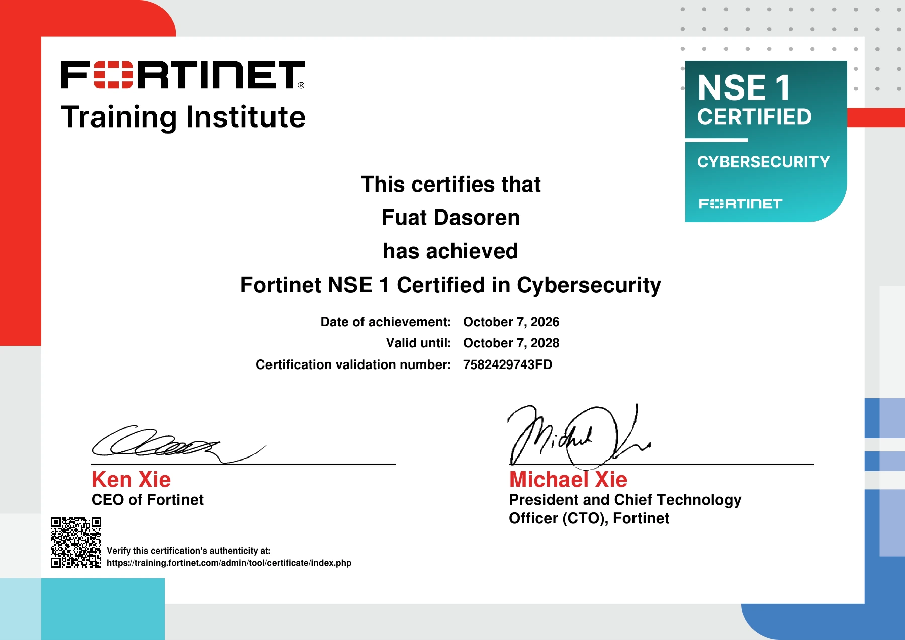 Fortinet NSE 1 Certified in Cybersecurity sertifikası