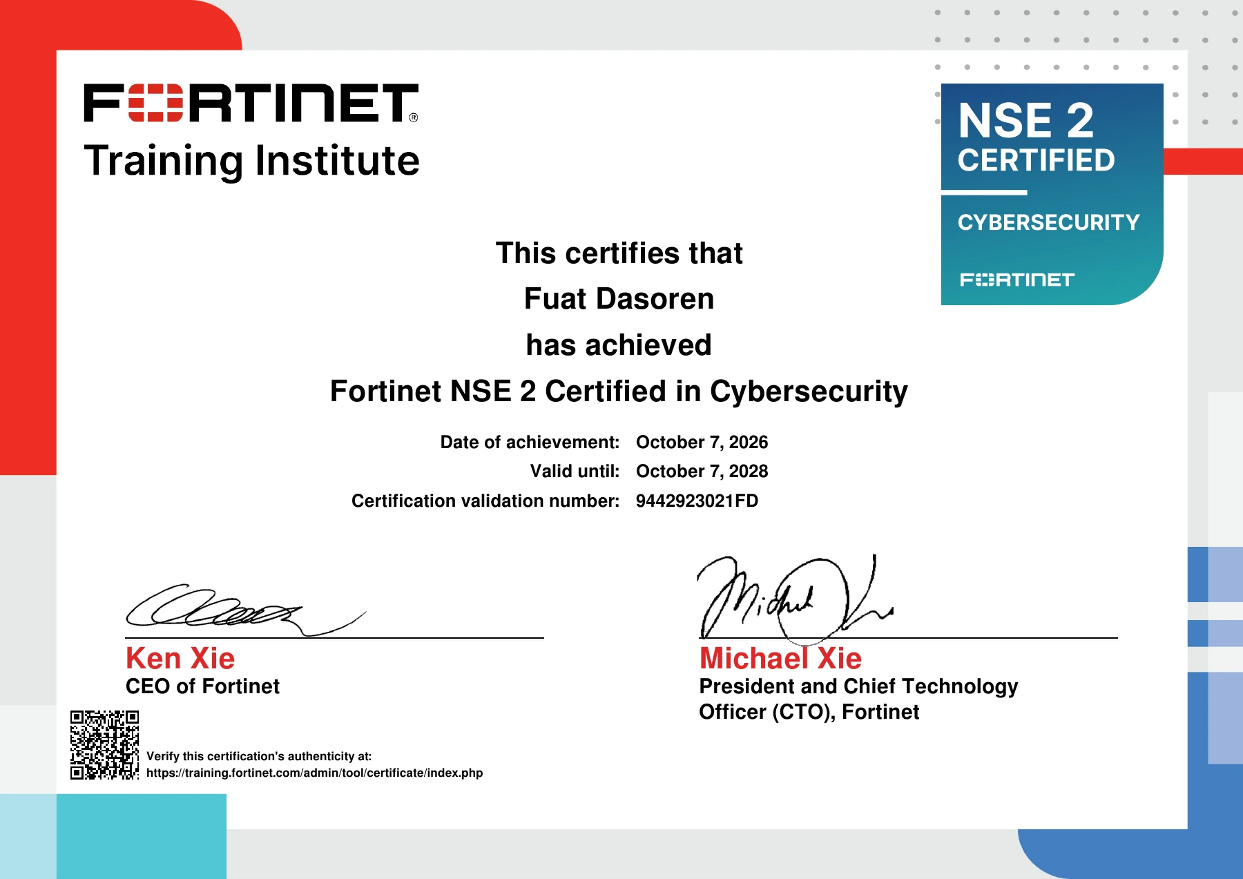 Fortinet NSE 2 Certified in Cybersecurity sertifikası