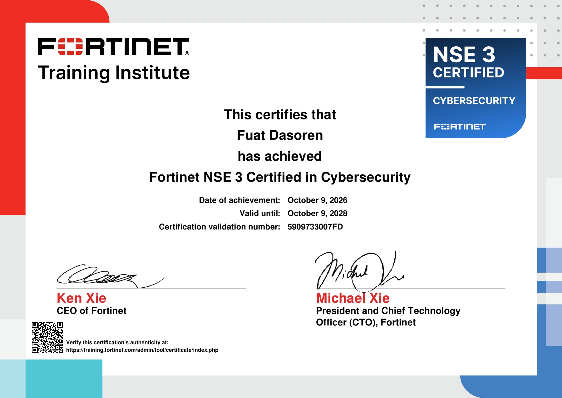 Fortinet NSE 3 Certified in Cybersecurity sertifikası