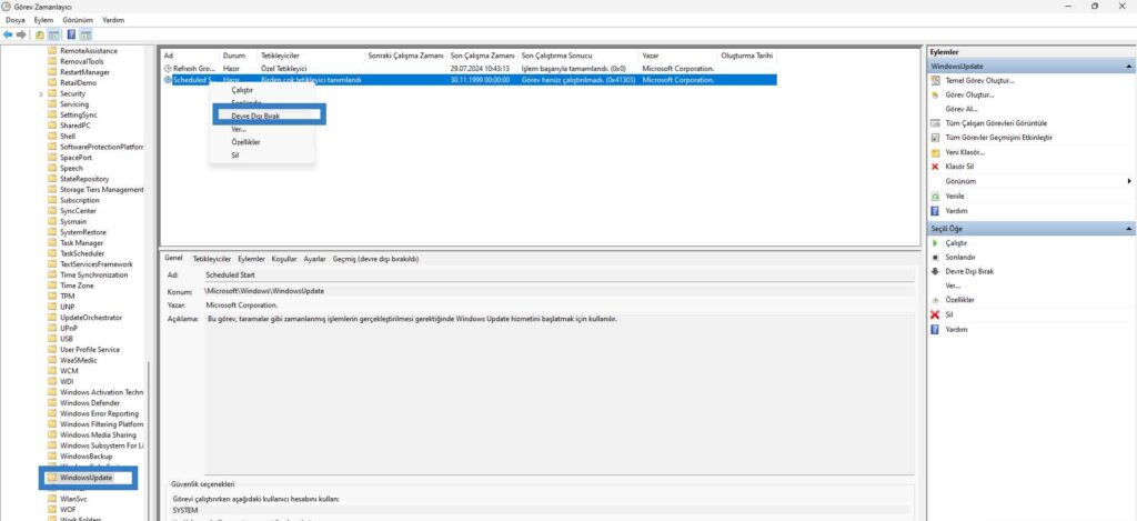 Görev Zamanlayıcı ile windows update kapatma