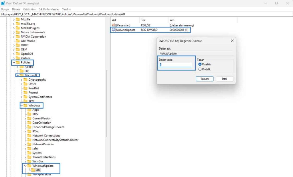 Regedit ile windows update kapatma